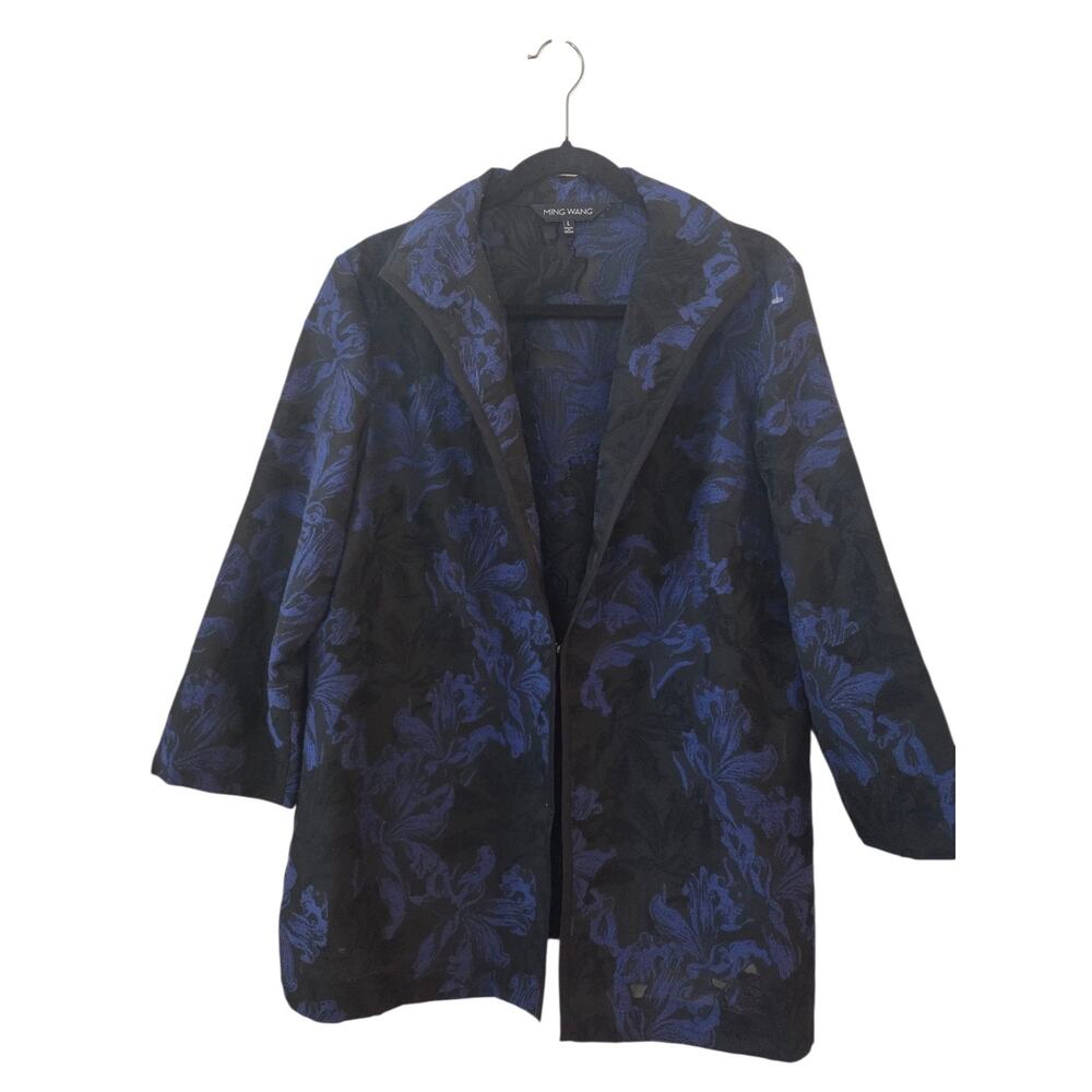 Ming Wang Heritage Fit Black Blue Textured Jacket Blazer Size L Large